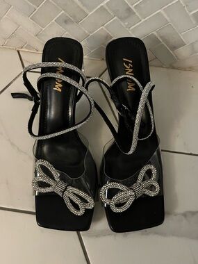 Black Rhinestone Bow Strappy Heels with Clear Panels